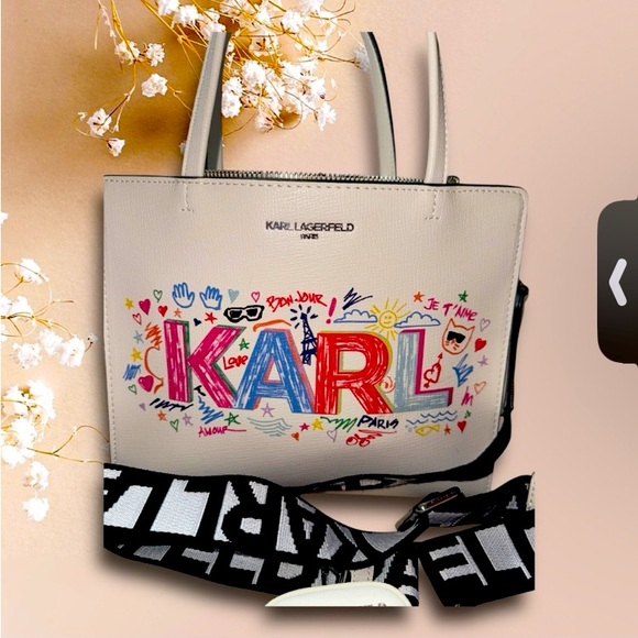 Karl Lagerfeld Handbags - Karl Lagerfeld Cream Tote Bag with Multicolor Graphic